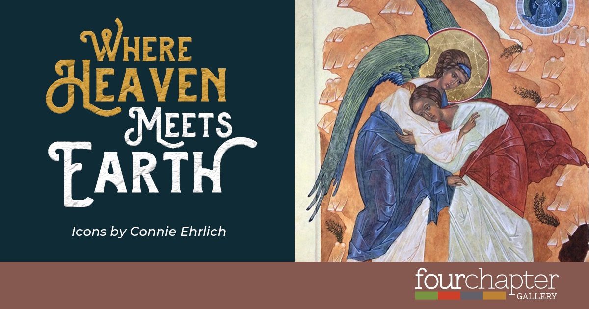 An image of an icon, written in the Byzantine style by Lawrence artist Connie Ehrlich, with the words "Where Heaven Meets Earth" to the left. The image depicts Jacob wrestling with the angel.